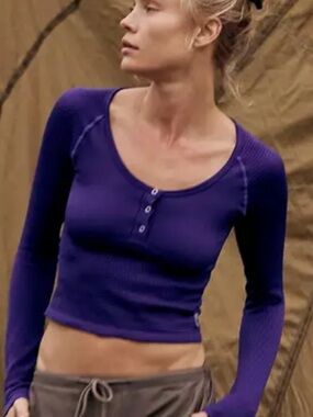 NWT FP Movement Bail Out Long Sleeve Purple Henley Layer. Sz XS